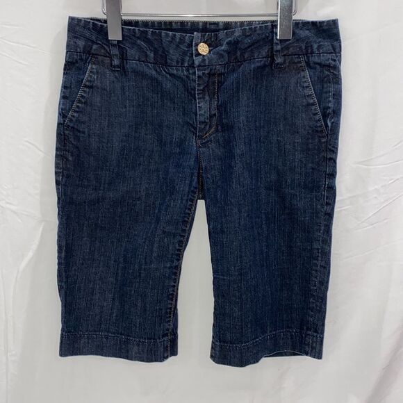 Tory Burch Dark Blue Trouser Shorts Gold Tone Signature Button Zipper Closure - Picture 14 of 14